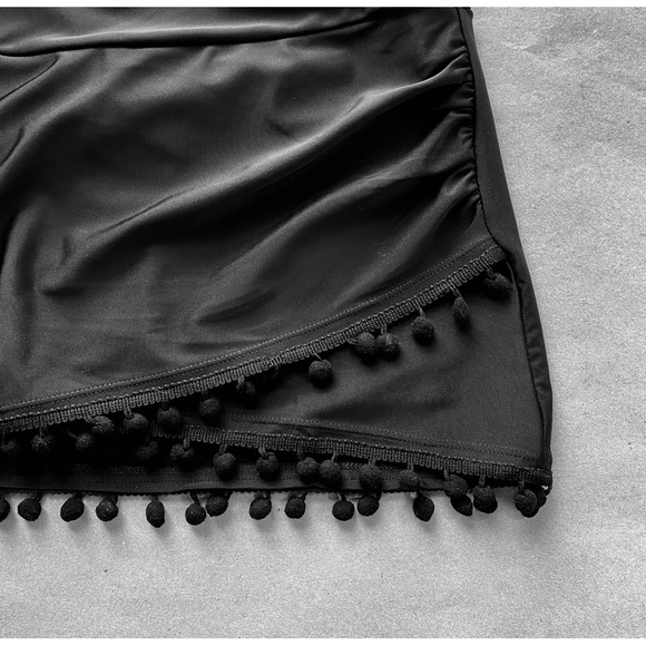 Black Wrap Swim Skirt with tiny Pom-pom Fringe, Size: S - Picture 3 of 6